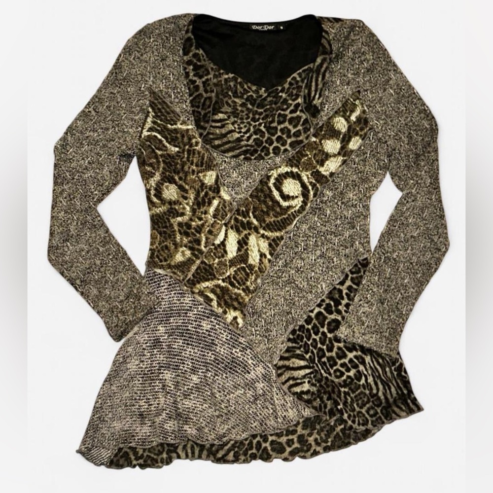 Y2K LEOPARD PRINT ABSTRACT LONG SLEEVE TUNIC SWEATER